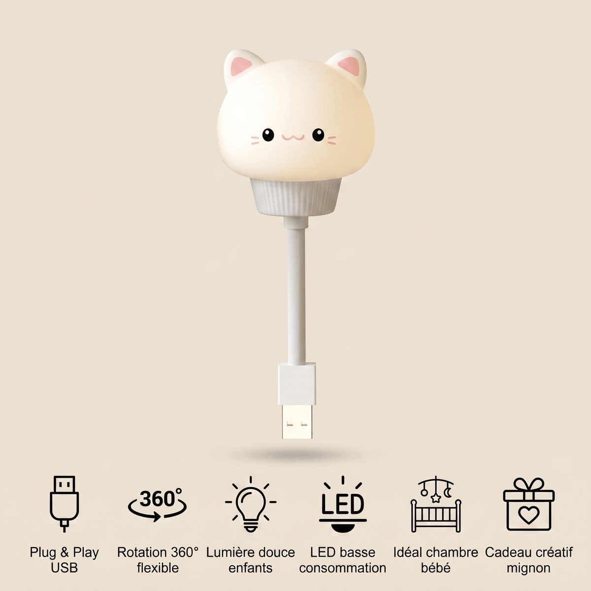 Veilleuse chat cable USB rechargeable LED Les Petites Loupiotes