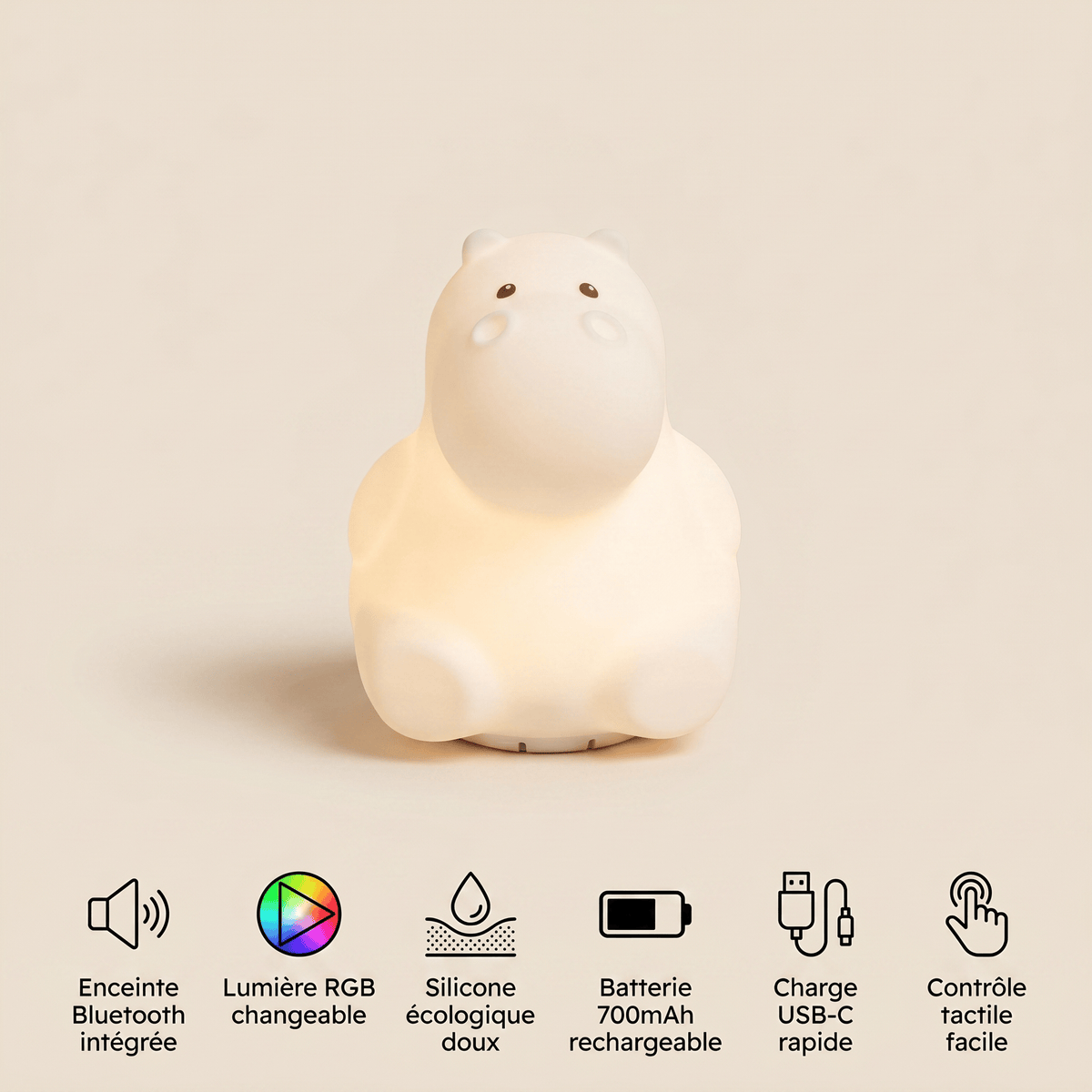 Veilleuse hippopotame bébé rechargeable LED Les Petites Loupiotes